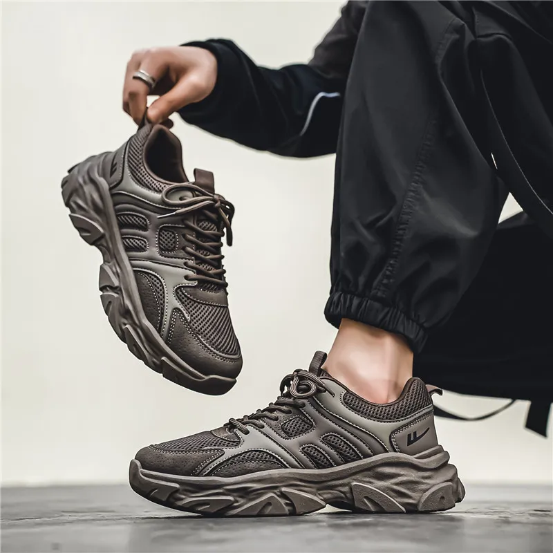 Warrior Cushioning Anti Slip Wear Resistant Breathable Lightweight Height Increasing Low Top Chunky Sneakers Men's Gray-7