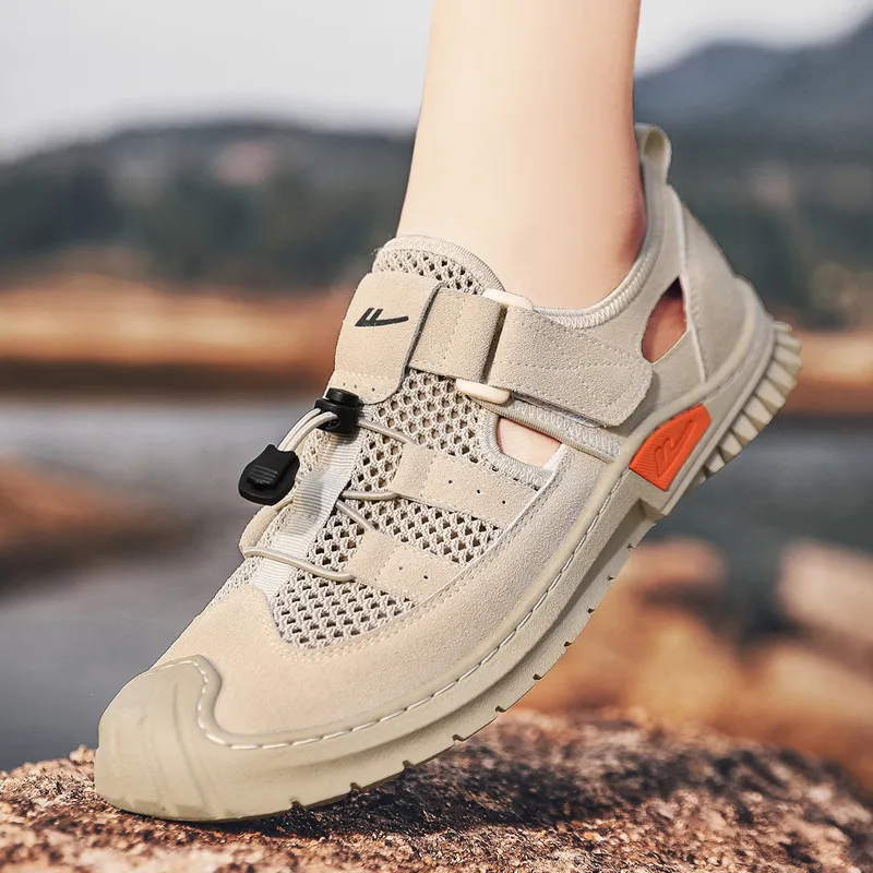 Warrior Casual Chef Shoes River Trekking Shoes Abrasion Resistant Slip Resistant Beach Sandals Men's Light Khaki-6