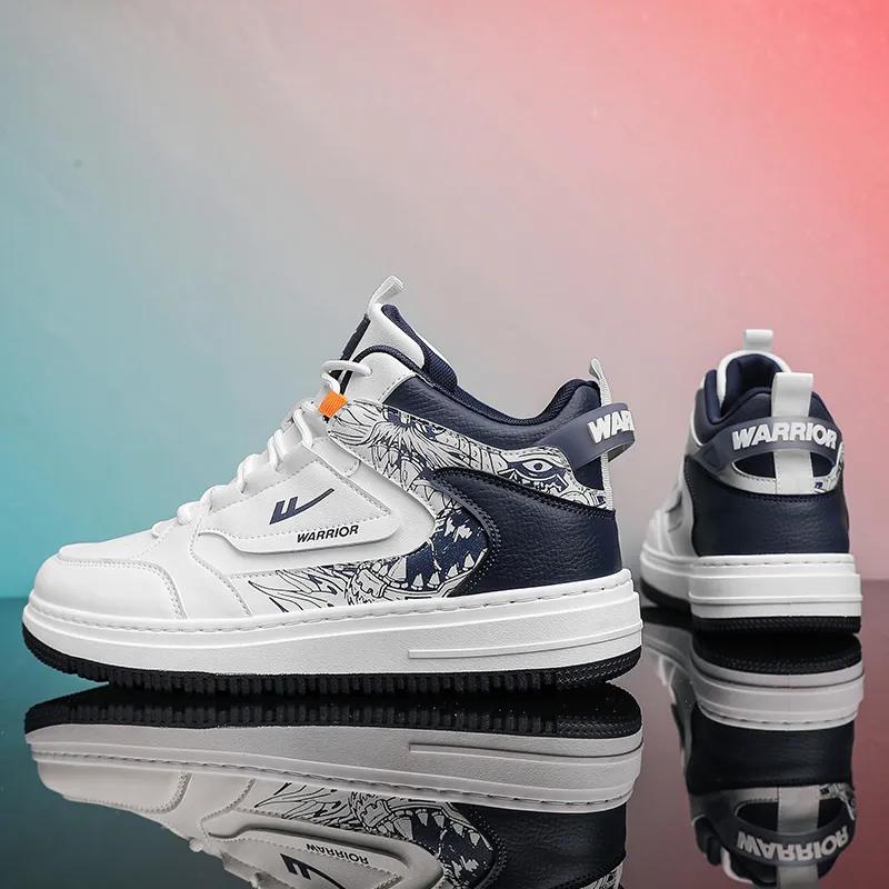Warrior Vintage Basketball Shoes Anti Slip Wear Resistant High Top Skateboard Shoes Men's White Dark Blue-12