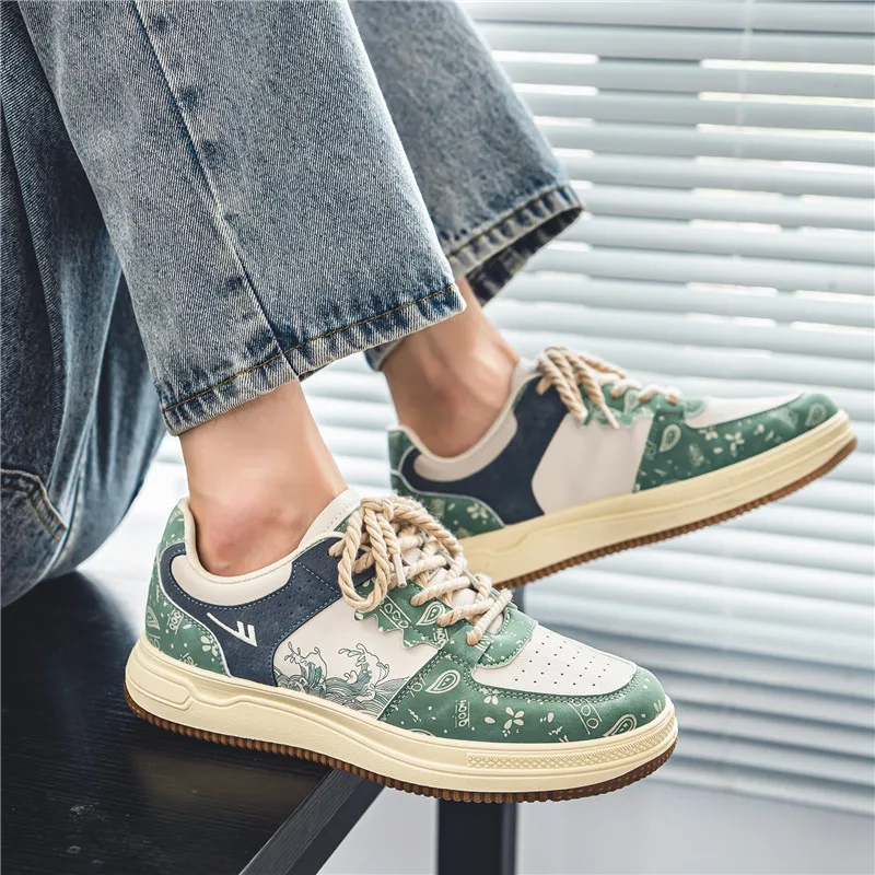 Warrior Lightweight, Slip Resistant, And Abrasion Resistant Low Top Skateboard Shoes Men's Beige Green Blue-5