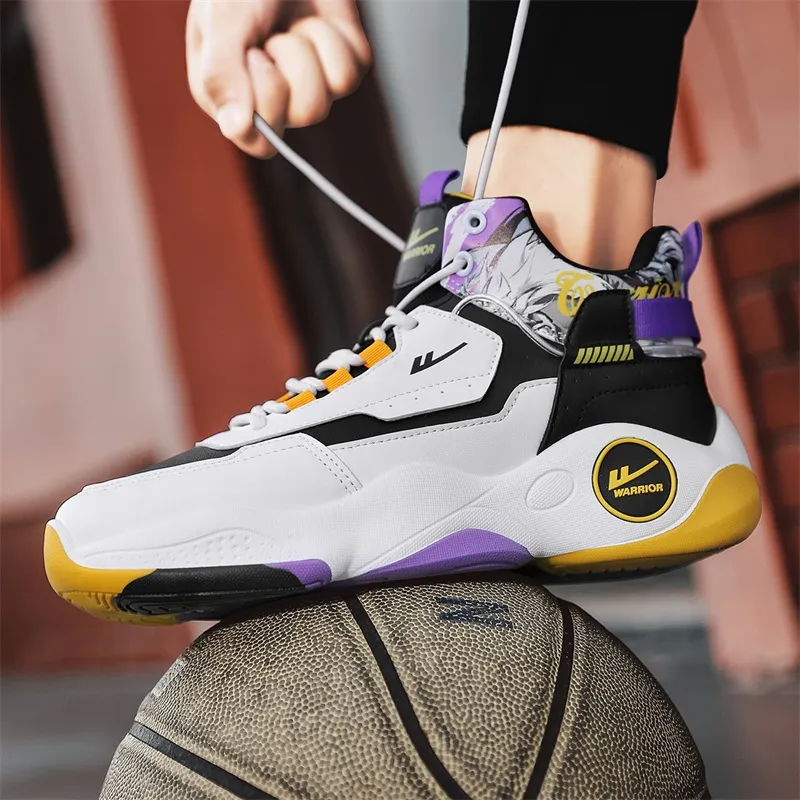 Warrior Cushioning Height Increasing Wear Resistant Slip Resistant High Top Basketball Shoes Men's White Black Purple-6