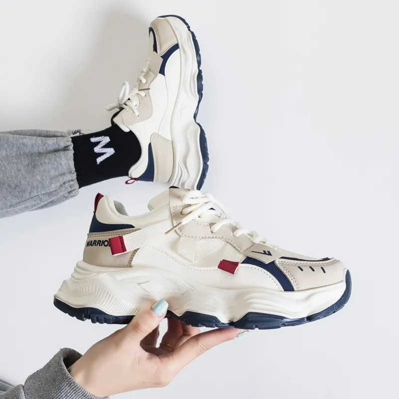 Warrior Breathable Coverage Height Increase Low Top Chunky Sneakers Women's Beige Blue-4