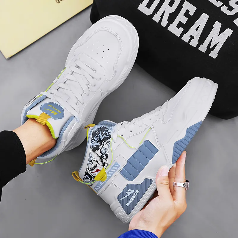 Warrior Cushioning Abrasion Resistant Lightweight Height Increasing Mat High Top Skateboard Shoes Men's White Blue Gray-7