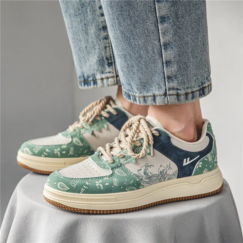 Warrior Lightweight, Slip Resistant, And Abrasion Resistant Low Top Skateboard Shoes Men's Beige Green Blue-4