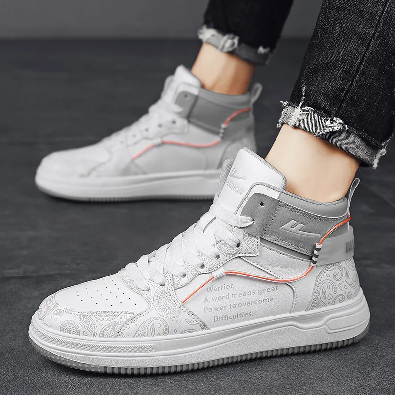 Warrior Slip Resistant Abrasion Resistant Shock Absorbers High Top Skateboard Shoes Men's White Gray-7