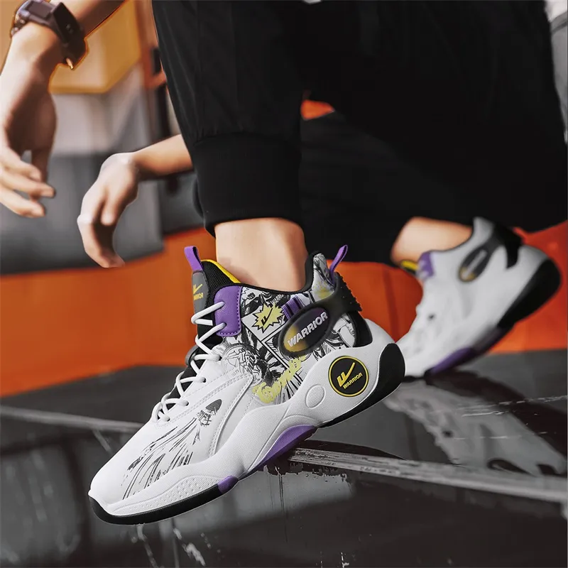 Warrior Cushioning Anti-Slip Wear-Resistant Height Increasing Warm High-Top Basketball Shoes Men's White Blue-20