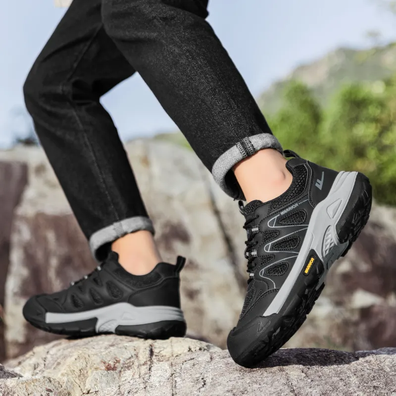 Warrior Hiking Shoes Height Increasing Wear Resistant Lightweight Slip Resistant Low Top Chunky Sneakers Men's Black-7