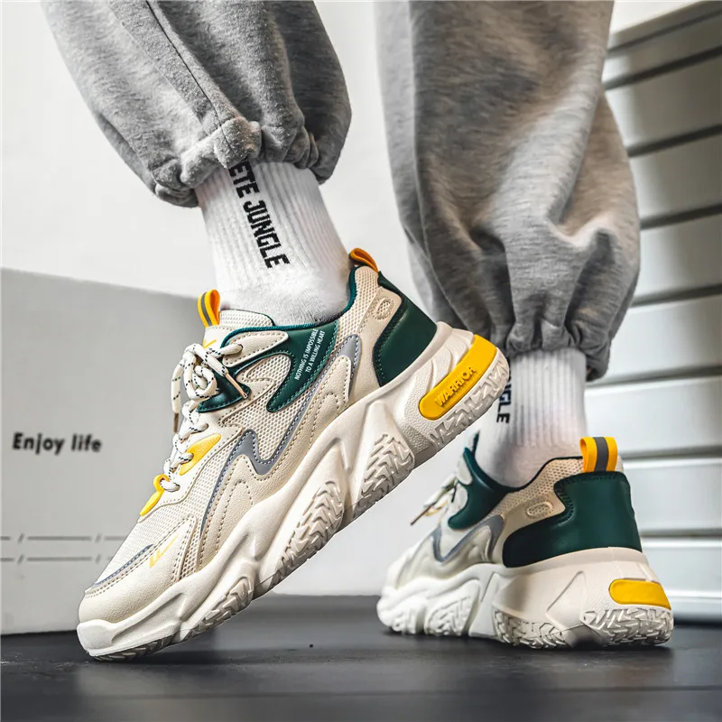 Warrior Slip Resistant, Abrasion Resistant, Breathable Low Top Chunky Sneakers Unisex Beige Gray Green-3