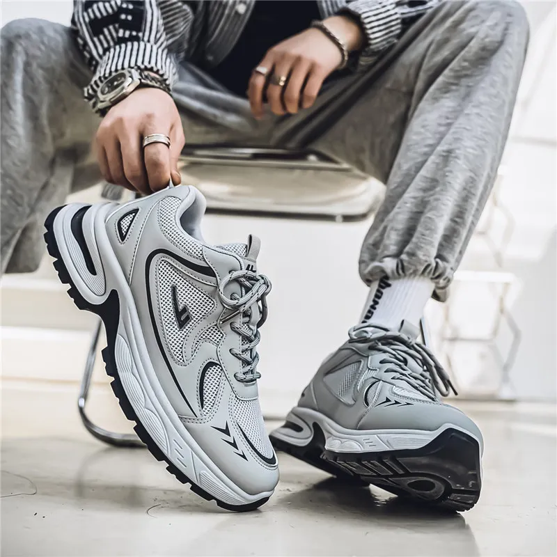 Warrior Height Increasing Wear Resistant Lightweight Breathable Slip Resistant Low Top Chunky Sneakers Men's Gray Black-5