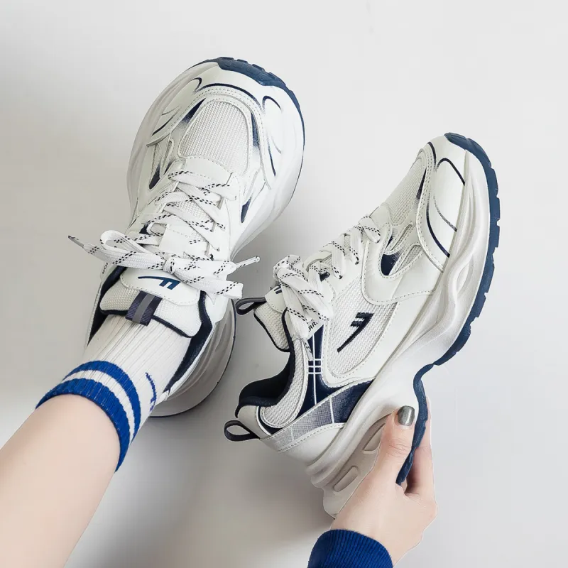 Warrior Anti Slip And Wear Resistant Height Increasing Low Top Chunky Sneakers Women's White Dark Blue-2