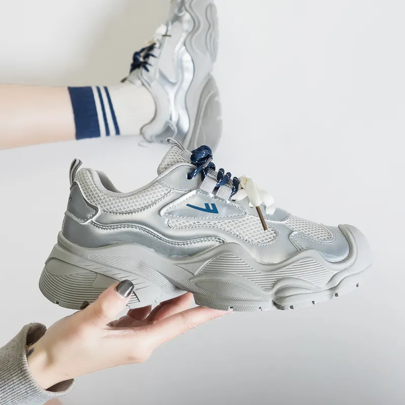 Warrior Height Increasing Wear-Resistant Lightweight Slip-Resistant Low-Top Chunky Sneakers Women's Silver Gray-5