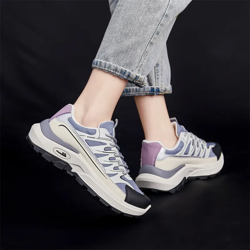 Warrior Wear Resistant Wide Coverage Lightweight Low Top Chunky Sneakers Women's White Black Purple-7