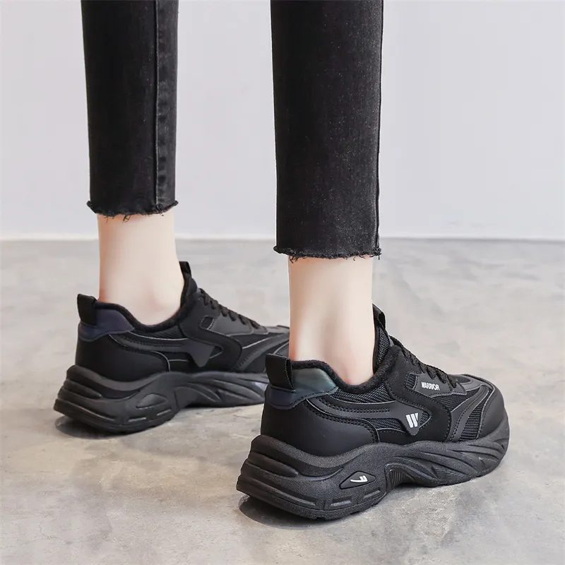 Warrior Anti Slip Wear Resistant Lightweight Height Increasing Warm Coverage Low Top Chunky Sneakers Unisex Black-2