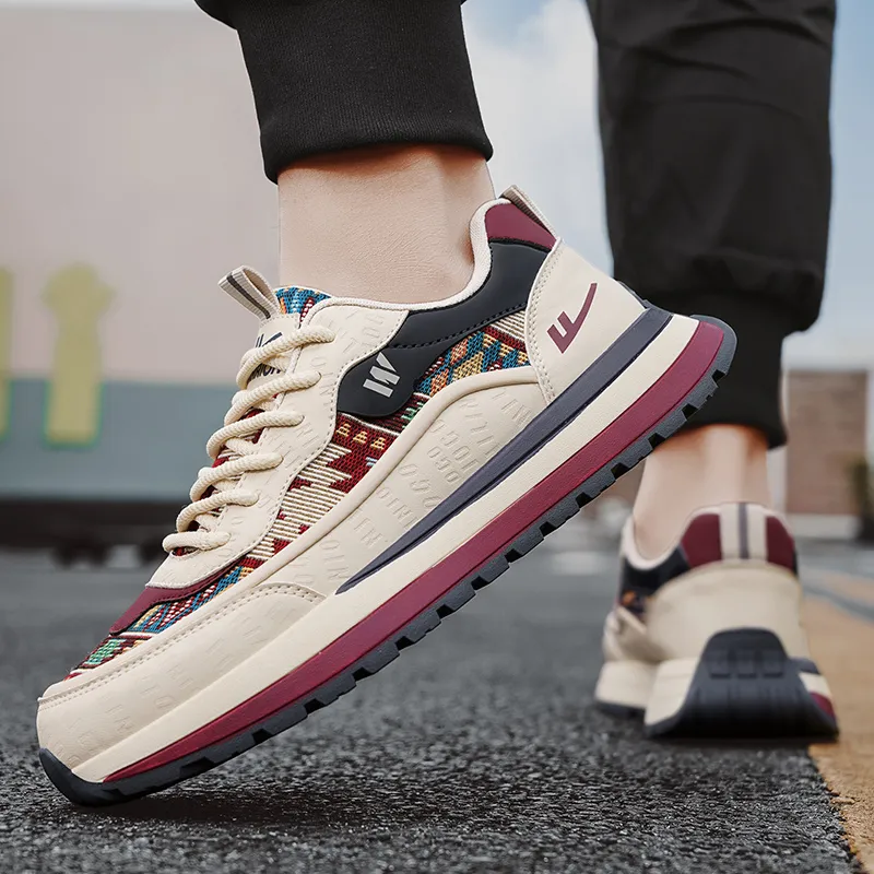 Warrior Anti Slip And Wear Resistant Height Increasing Low Top Casual Shoes Men's Beige Blue Red-6