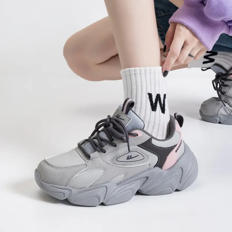 Warrior Anti Slip And Wear Resistant Height Increasing Low Top Chunky Sneakers Women's Gray Pink Brown-2