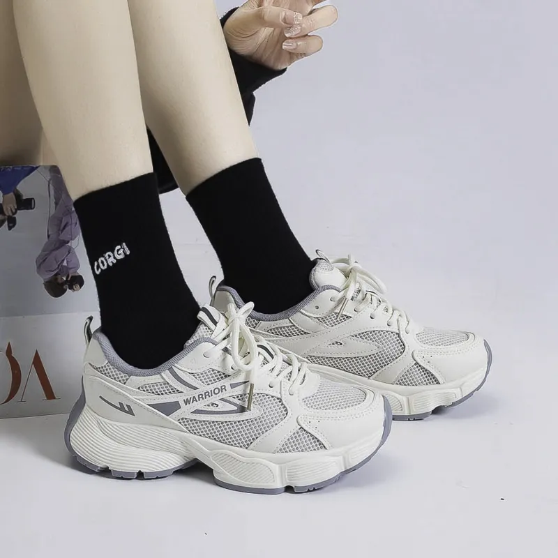 Warrior Height Increasing Wear-Resistant Lightweight Breathable Slip-Resistant Low-Top Chunky Sneakers Women's Beige-3