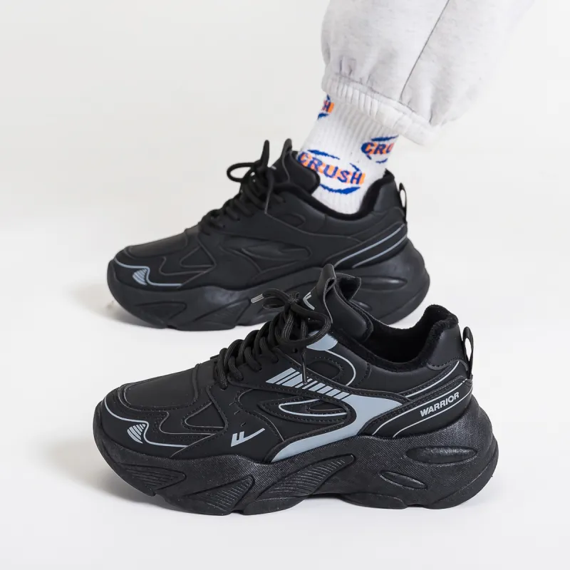 Warrior Warm Cushioning Coverage Height Increasing Wear Resistant Slip Resistant Low Top Chunky Sneakers Women's Black-3