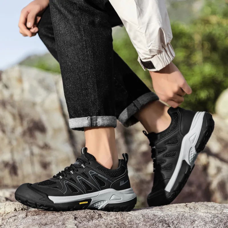 Warrior Hiking Shoes Height Increasing Wear Resistant Lightweight Slip Resistant Low Top Chunky Sneakers Men's Black-5