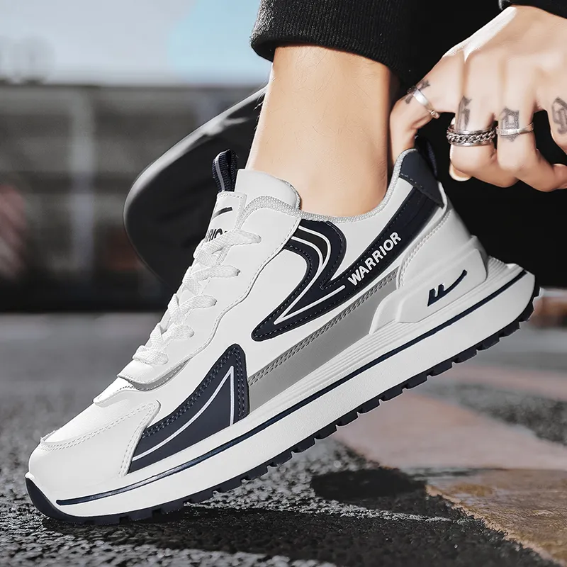 Warrior Cushioning, Slip Resistant, Abrasion Resistant, Height Increasing Low Top Chunky Sneakers Men's White Blue-6