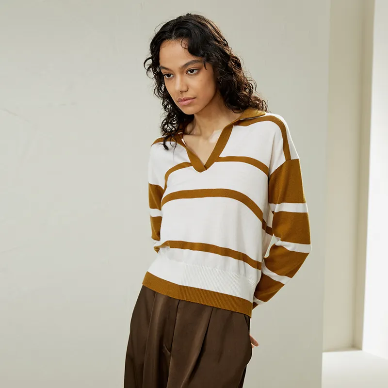 LILIXIUKE Knitwear Women's Earth Yellow With White Stripes-1