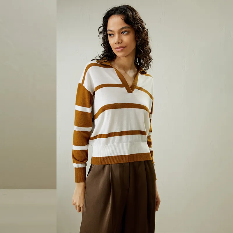 LILIXIUKE Knitwear Women's Earth Yellow With White Stripes-4