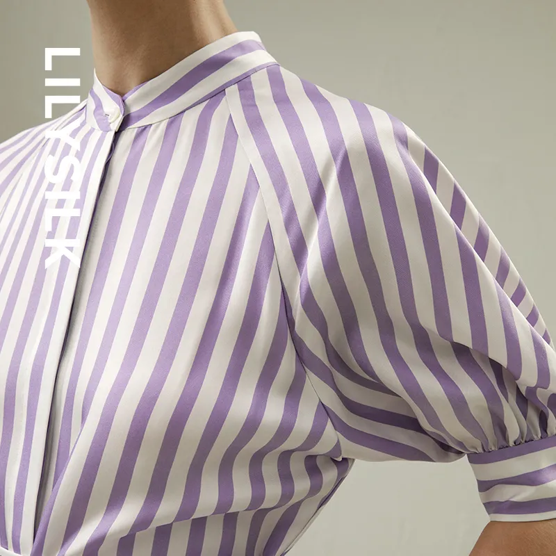 LILIXIUKE Short Sleeved Dresses Women's Purple White Stripes-1