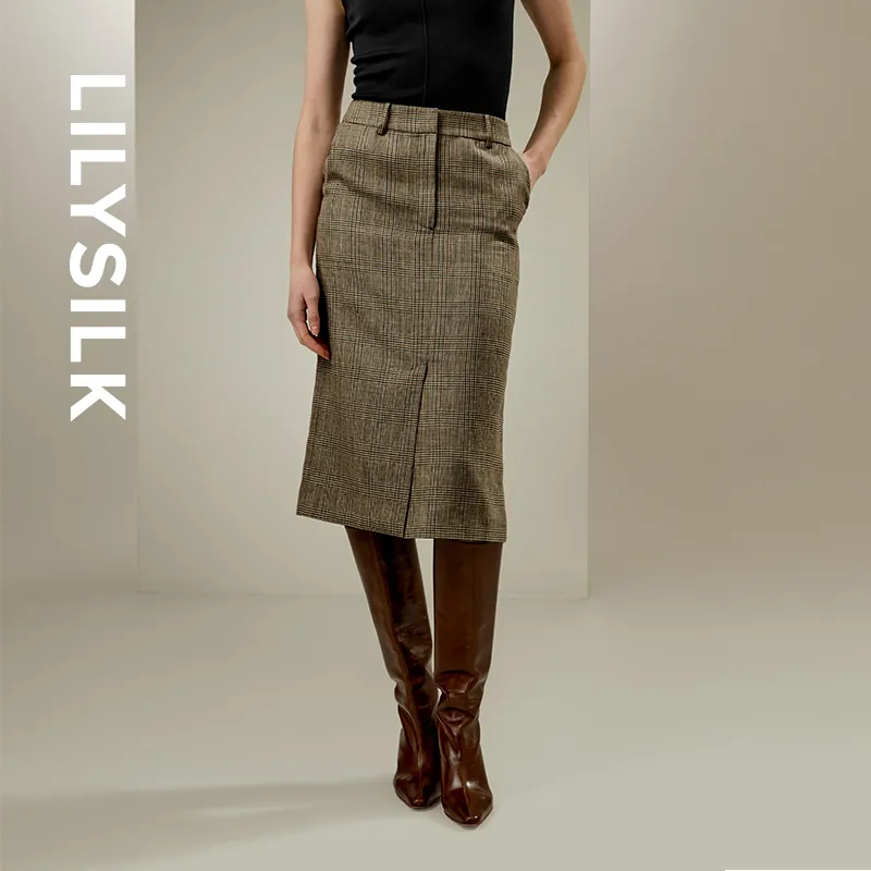 LILIXIUKE Casual Long Skirts Women's Brown Gray-1
