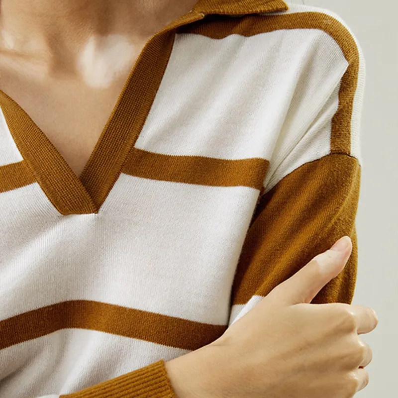 LILIXIUKE Knitwear Women's Earth Yellow With White Stripes-3