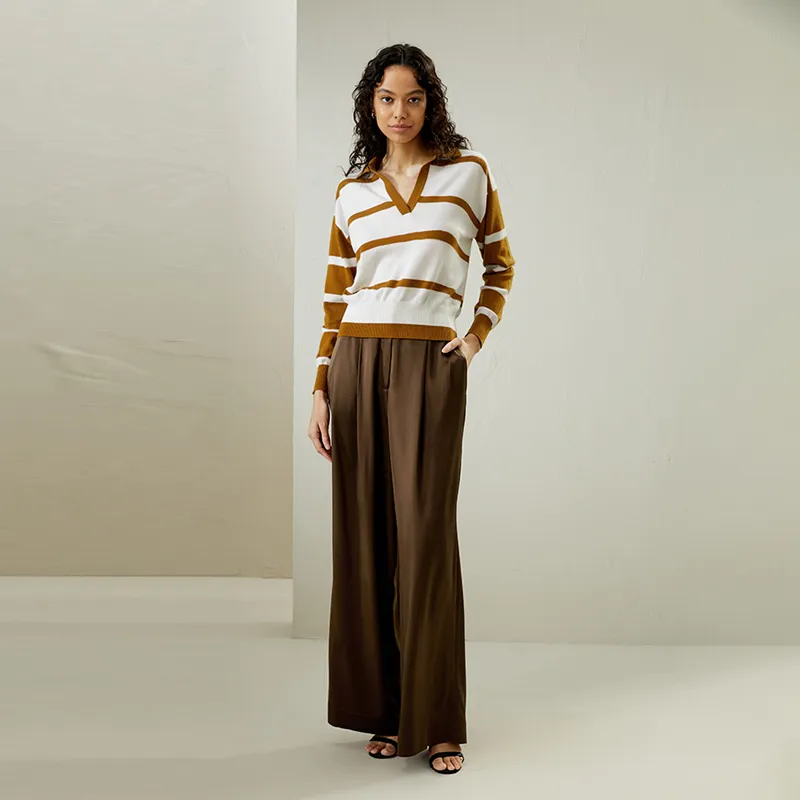 LILIXIUKE Knitwear Women's Earth Yellow With White Stripes-5