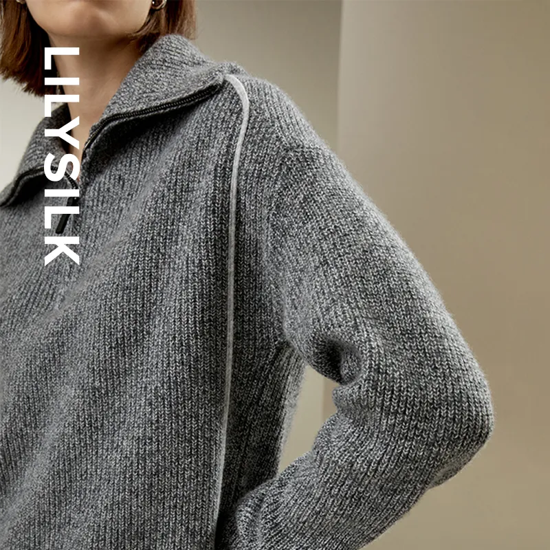 LILIXIUKE Cashmere Knit Sweater Women's Button Flower Gray-2