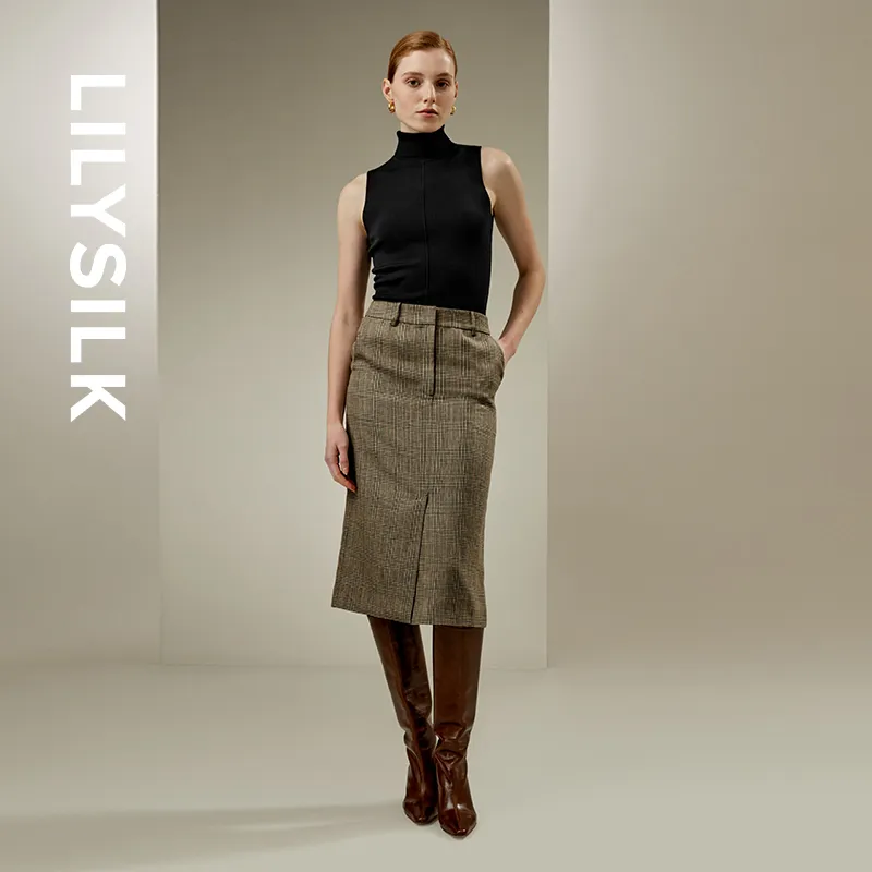 LILIXIUKE Casual Long Skirts Women's Brown Gray-3