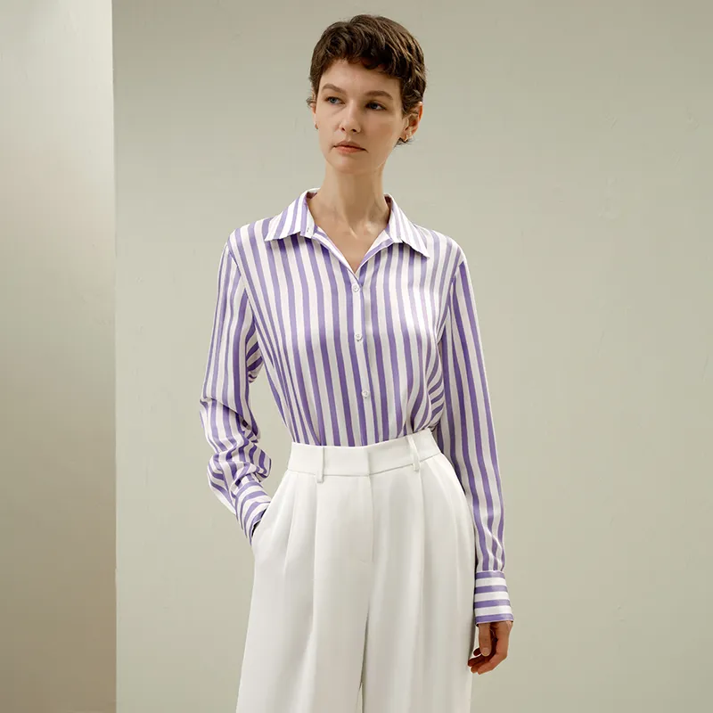 LILIXIUKE Shirt Women's Purple White Stripes-1