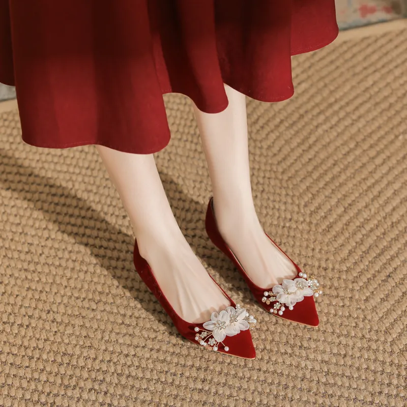 Dunnu Block Heel High Heels 3cm Women's Red-5