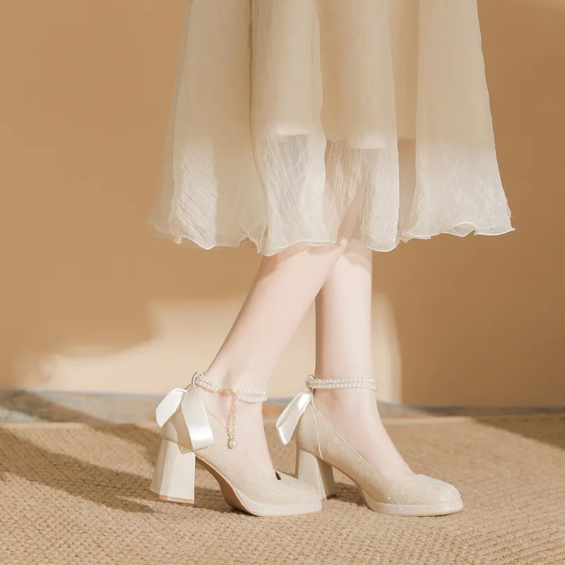 Dunnu Block Heel High Heels Women's Apricot-6