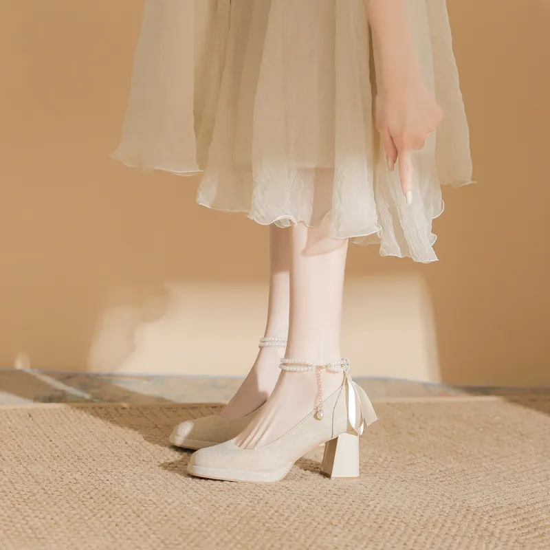 Dunnu Block Heel High Heels Women's Apricot-7