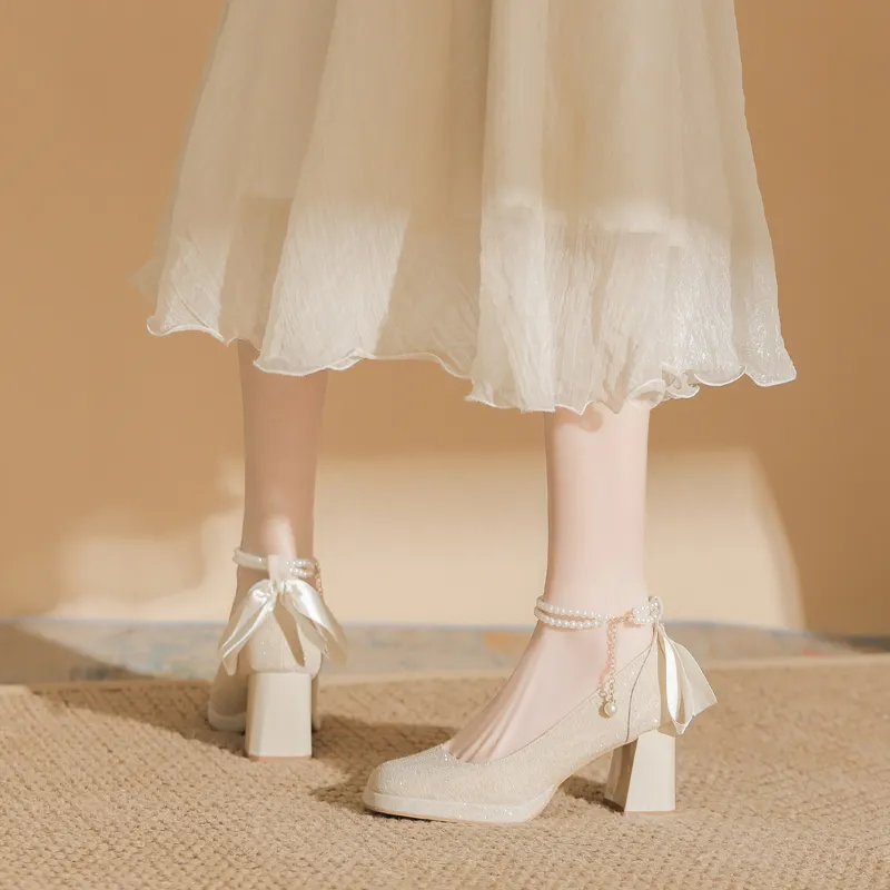 Dunnu Block Heel High Heels Women's Apricot-8