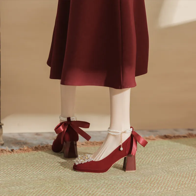 Dunnu Chunky Heel High Heels Women's Red-9