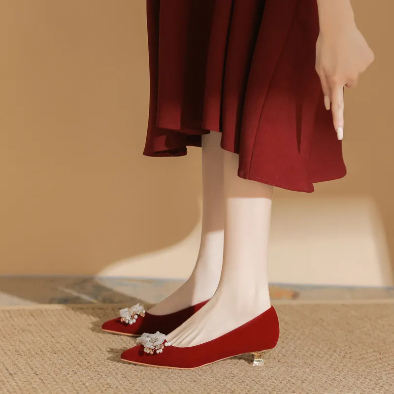 Dunnu Block Heel High Heels 3cm Women's Red-3
