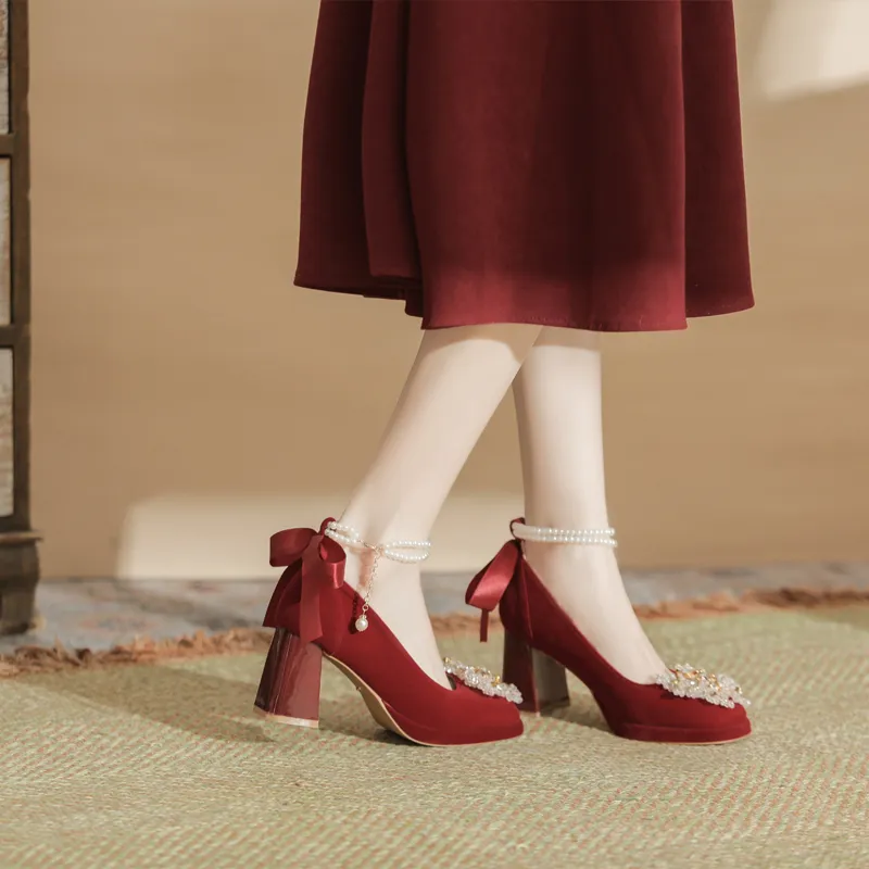 Dunnu Chunky Heel High Heels Women's Red-8