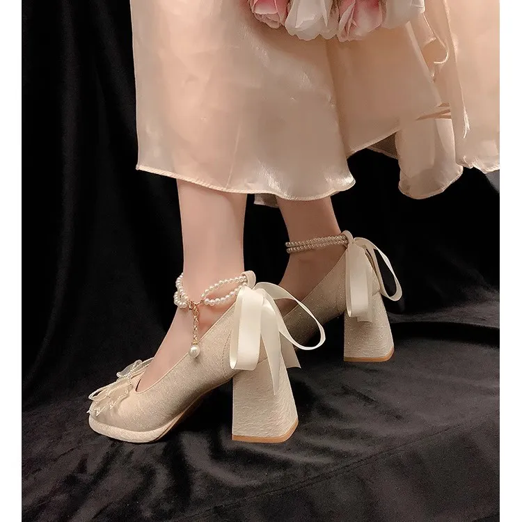 WOXXXN Chunky Heel High Heels Women's Champagne Gold [Gift Box Set]-4