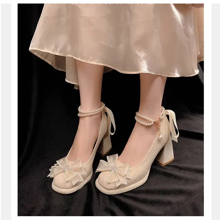 WOXXXN Chunky Heel High Heels Women's Champagne Gold [Gift Box Set]-2