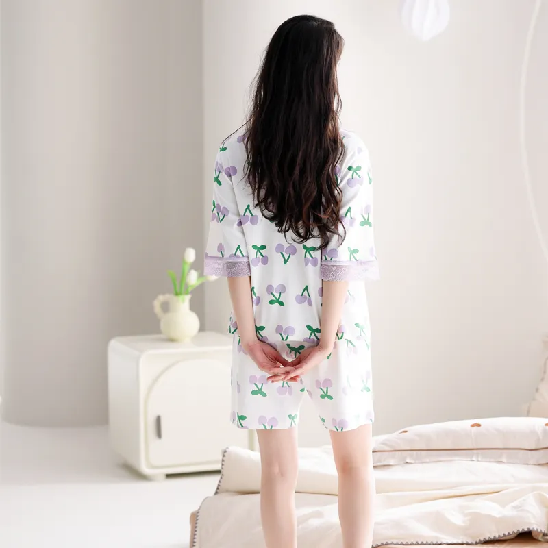 FENTENG Pajama Set Women's White Base With Flowers-1