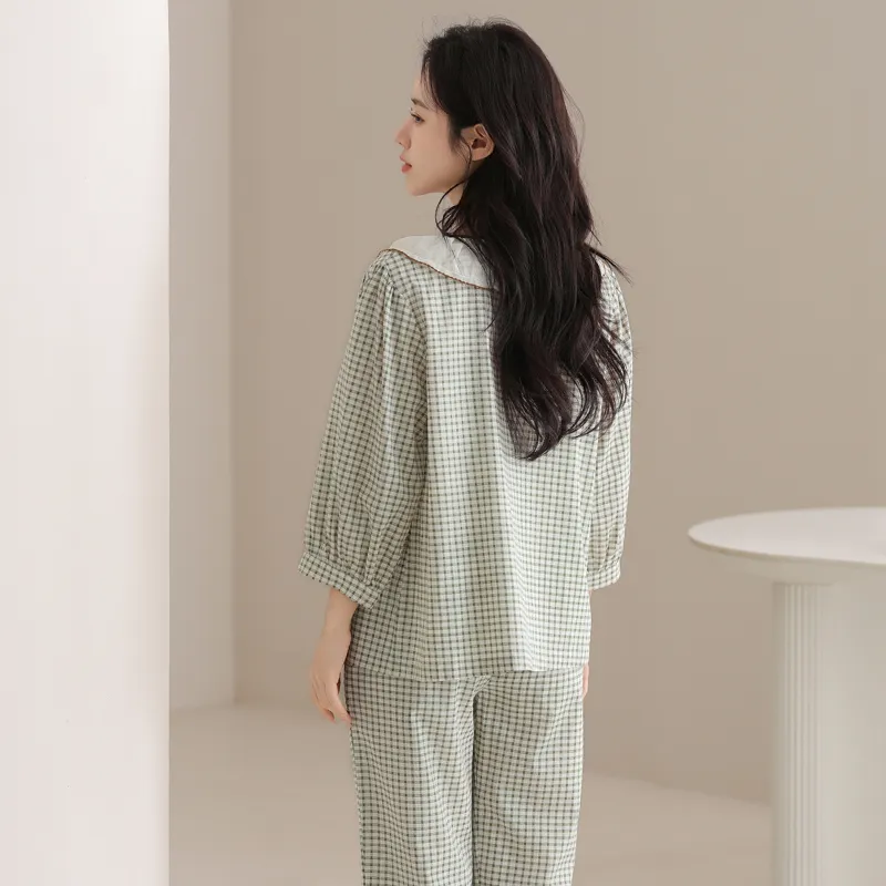 FENTENG Pajama Set Women's Green Plaid-4