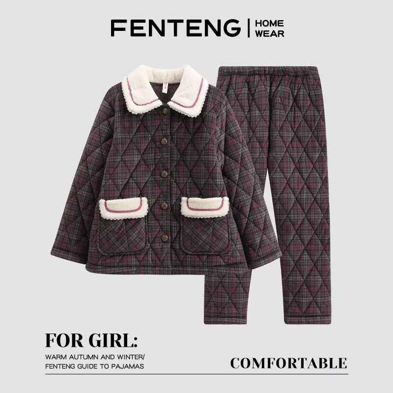 FENTENG Pajama Set Women's Pink Plaid-4