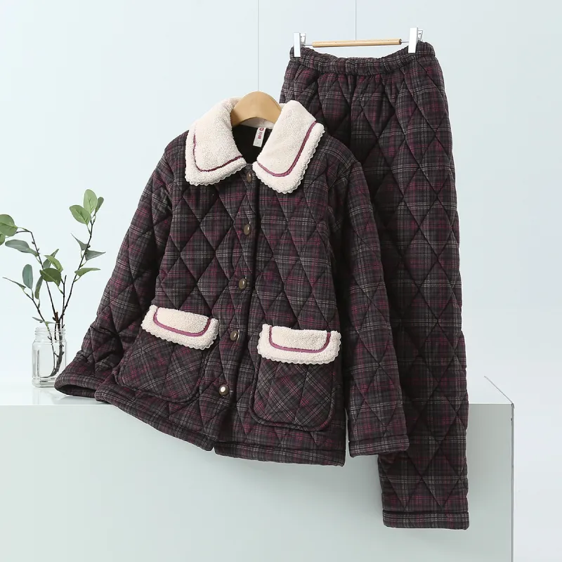 FENTENG Pajama Set Women's Pink Plaid-5