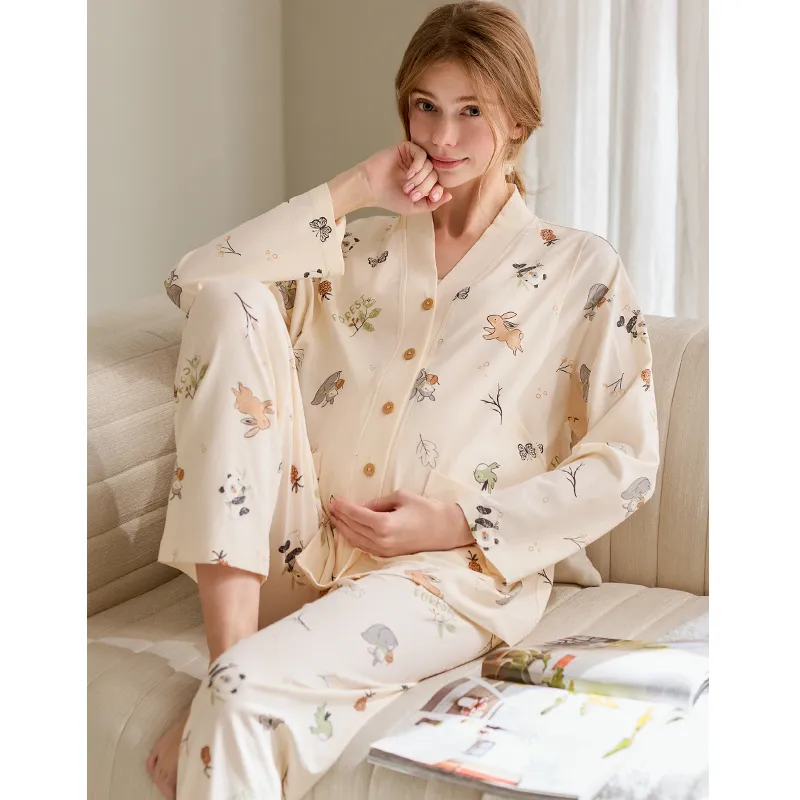 FENTENG Pajama Set Women's Beige Apricot-1