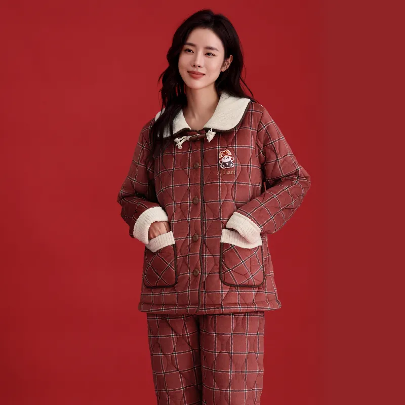 FENTENG Pajama Set Women's Red Plaid-5