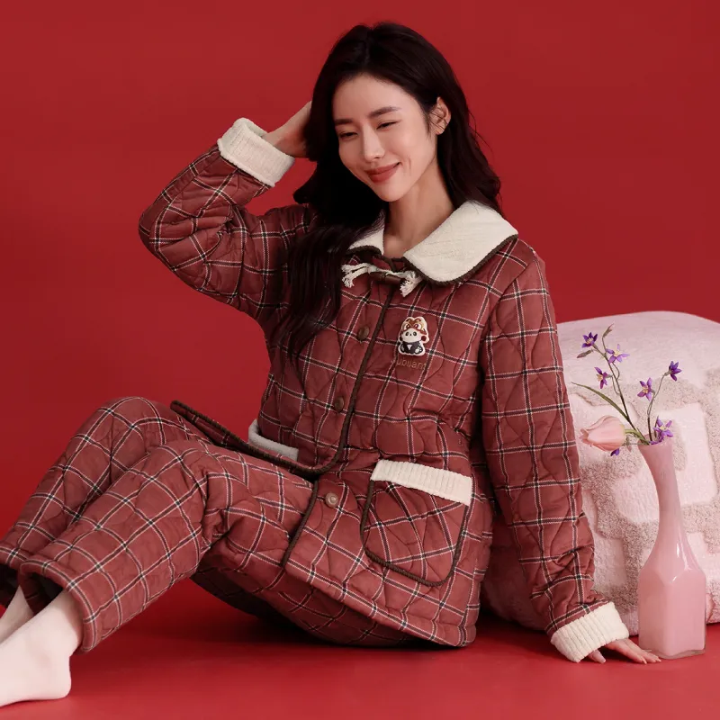 FENTENG Pajama Set Women's Red Plaid-1