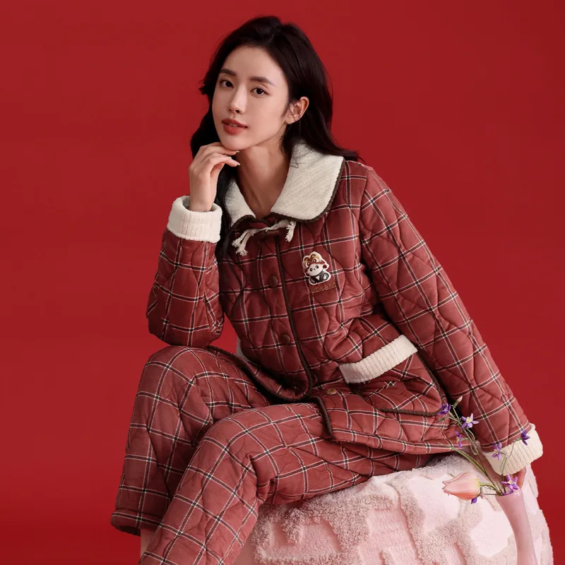 FENTENG Pajama Set Women's Red Plaid-4