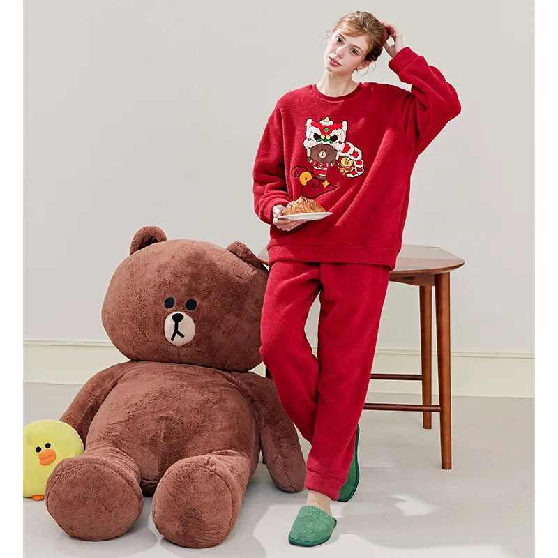 FENTENG x LINE FRIENDS Brown Bear Pajama Set Women's Red-4